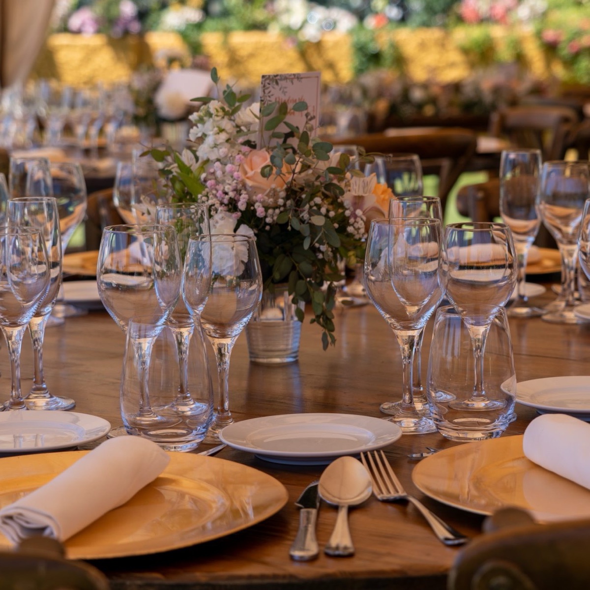 Single place setting with gold-rimmed plate, cutlery and folded napkin
